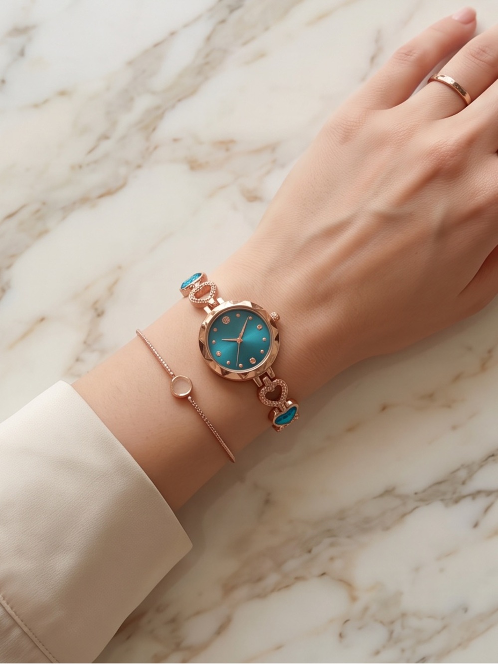 Rose Gold & Ocean Blue Heart Dress Watch (8 Inches)